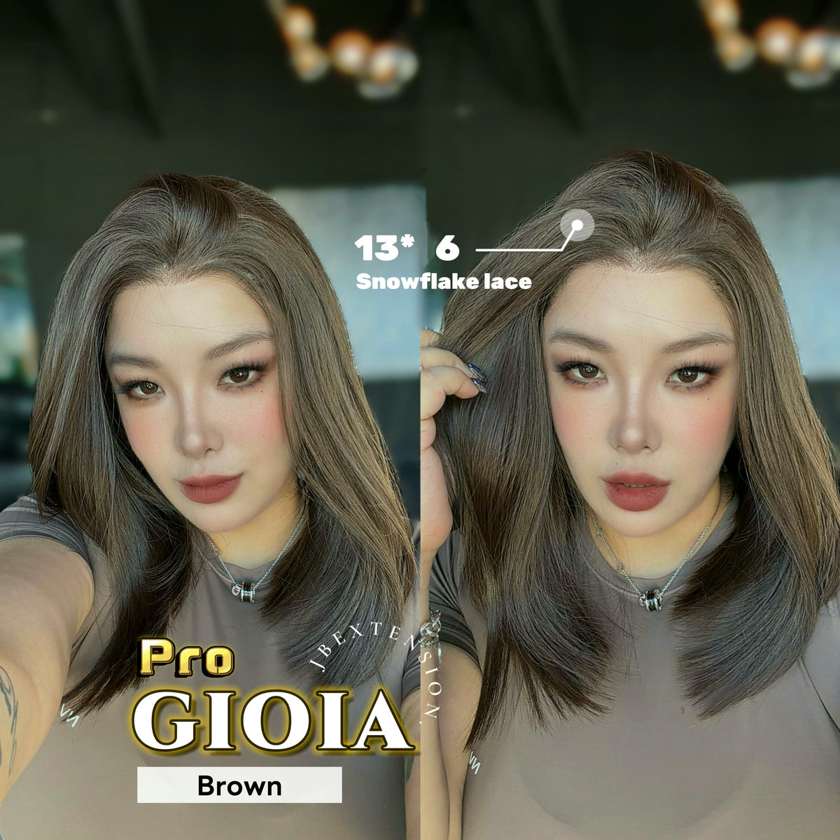JBEXTENSION 14 Inches Brown Pre-Cut 13X6 Free Part Snowflake Lace Frontlace Bob Cut Glueless Wig GIOIA PRO - BROWN【BENDY EAR TABS】