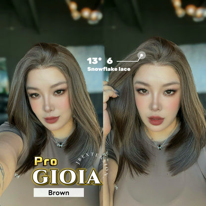 JBEXTENSION 14 Inches Brown Pre-Cut 13X6 Free Part Snowflake Lace Frontlace Bob Cut Glueless Wig GIOIA PRO - BROWN【BENDY EAR TABS】