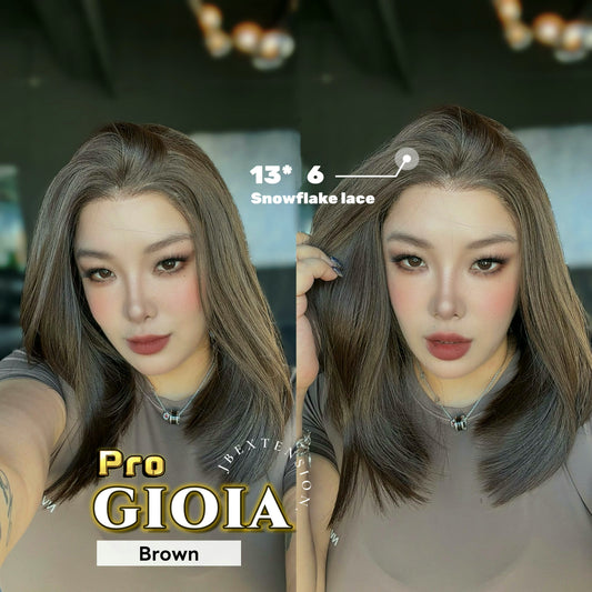 JBEXTENSION 14 Inches Brown Pre-Cut 13X6 Free Part Snowflake Lace Frontlace Bob Cut Glueless Wig GIOIA PRO - BROWN【BENDY EAR TABS】
