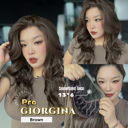 JBEXTENSION 21 Inches Brown Curly Pre-Cut 13X6 Free Part Snowflake Lace Frontlace Glueless Wig GIORGINA PRO - BROWN【BENDY EAR TABS】