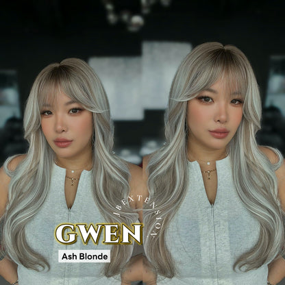 JBEXTENSION 25 Inches Long Curly Ash Blonde Wig with Bangs GWEN ASH BLONDE