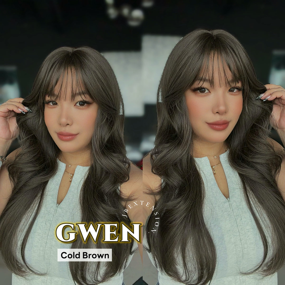 JBEXTENSION 25 Inches Long Curly Cold Brown Wig with Bangs GWEN COLD BROWN