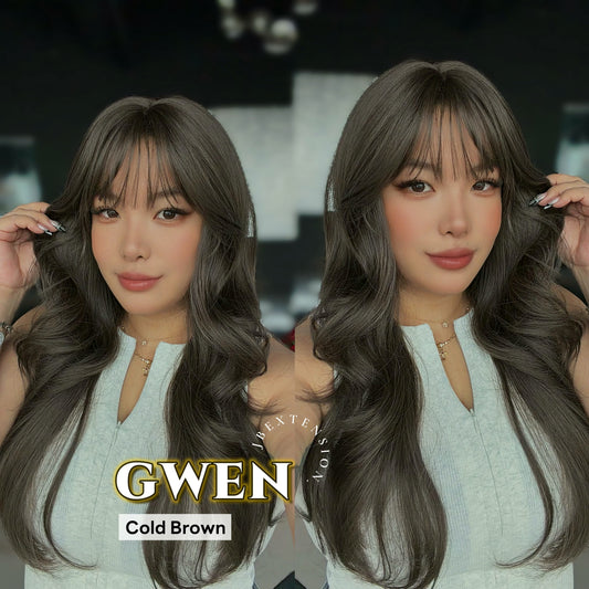 JBEXTENSION 25 Inches Long Curly Cold Brown Wig with Bangs GWEN COLD BROWN
