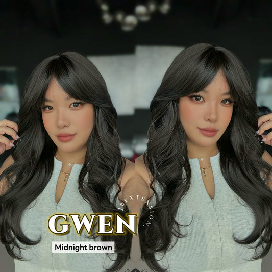 JBEXTENSION 25 Inches Long Curly Midnight Brown(Black/Brown) Wig with Bangs GWEN MIDNIGHT BROWN