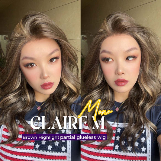 JBEXTENSION CLAIRE MONO Partial Monofilament Wig 22 Inches Brown with Highlight Partial Mono Lace Glueless Wig CLAIRE MONO【BENDY EAR TABS】
