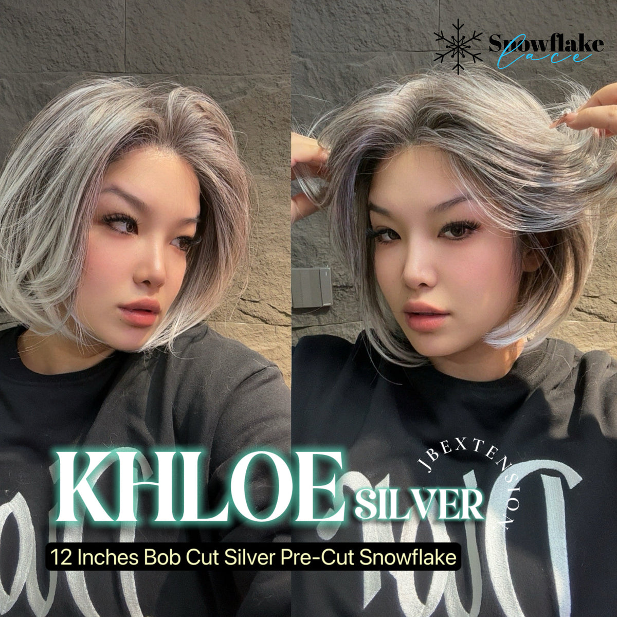 JBEXTENSION 12 Inches Bob Cut Silver Pre-Cut Snowflake Lace Frontlace Glueless Wig KHLOE SILVER【PERMATEASE】【BENDY EAR TABS】- S/M