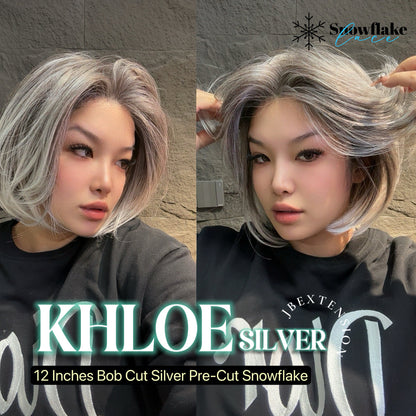 JBEXTENSION 12 Inches Bob Cut Silver Pre-Cut Snowflake Lace Frontlace Glueless Wig KHLOE SILVER【PERMATEASE】【BENDY EAR TABS】- S/M