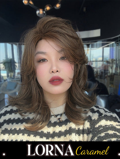 [FINAL SALE] HOT OF SEASON -18 Inches Caramel Curly Women Fashion Full Machine Wig With Bangs LORNA CARAMEL【PLUS PERMATEASE】【BENDY EAR TABS】