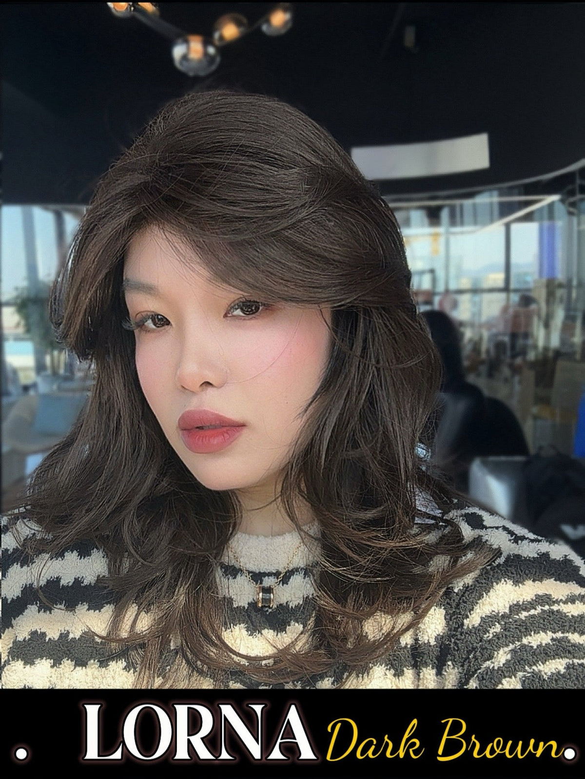 [FINAL SALE] HOT OF SEASON -18 Inches Dark Brown Curly Women Fashion Full Machine Wig With Bangs LORNA DARK BROWN【PLUS PERMATEASE】【BENDY EAR TABS】