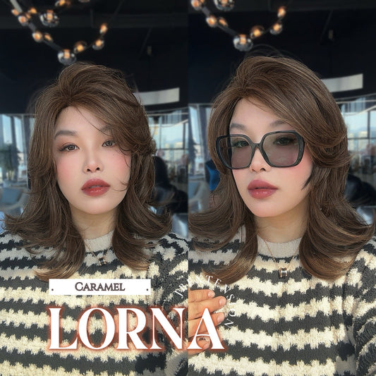 [FINAL SALE] HOT OF SEASON -18 Inches Caramel Curly Women Fashion Full Machine Wig With Bangs LORNA CARAMEL【PLUS PERMATEASE】【BENDY EAR TABS】
