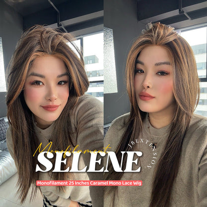 JBEXTENSION SELENE MONO Monofilament Handmade Wig 6X5 Full Monofilament Hand Tied Top Wig 25 Inches Caramel Mono Lace Wig With Anti-slip Silicone Strips Glueless Wig SELENE MONO- CARAMEL【BENDY EAR TABS】