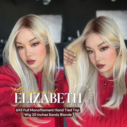 [FINAL SALE] JBEXTENSION ELIZABETH MONO Monofilament Handmade Wig 6X5 Full Monofilament Hand Tied Top Wig 20 Inches Sandy Blonde Mono Lace Wig With Anti-slip Silicone Strips Glueless Wig ELIZABETH MONO【BENDY EAR TABS】