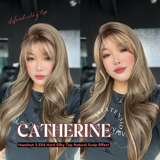 HOT OF SEASON - 25 Inches Scalpiana Hazelnut 3.5X4 Hard Silky Top Natural Scalp Effect Wig With Bangs CATHERINE HAZELNUT