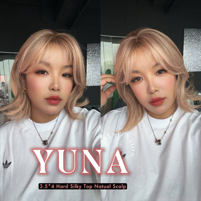JBEXTENSION 12 Inches Scalpiana Apricot 3.5X4 Hard Silky Top Natural Scalp Effect Women Wig With Bangs YUNA APRICOT