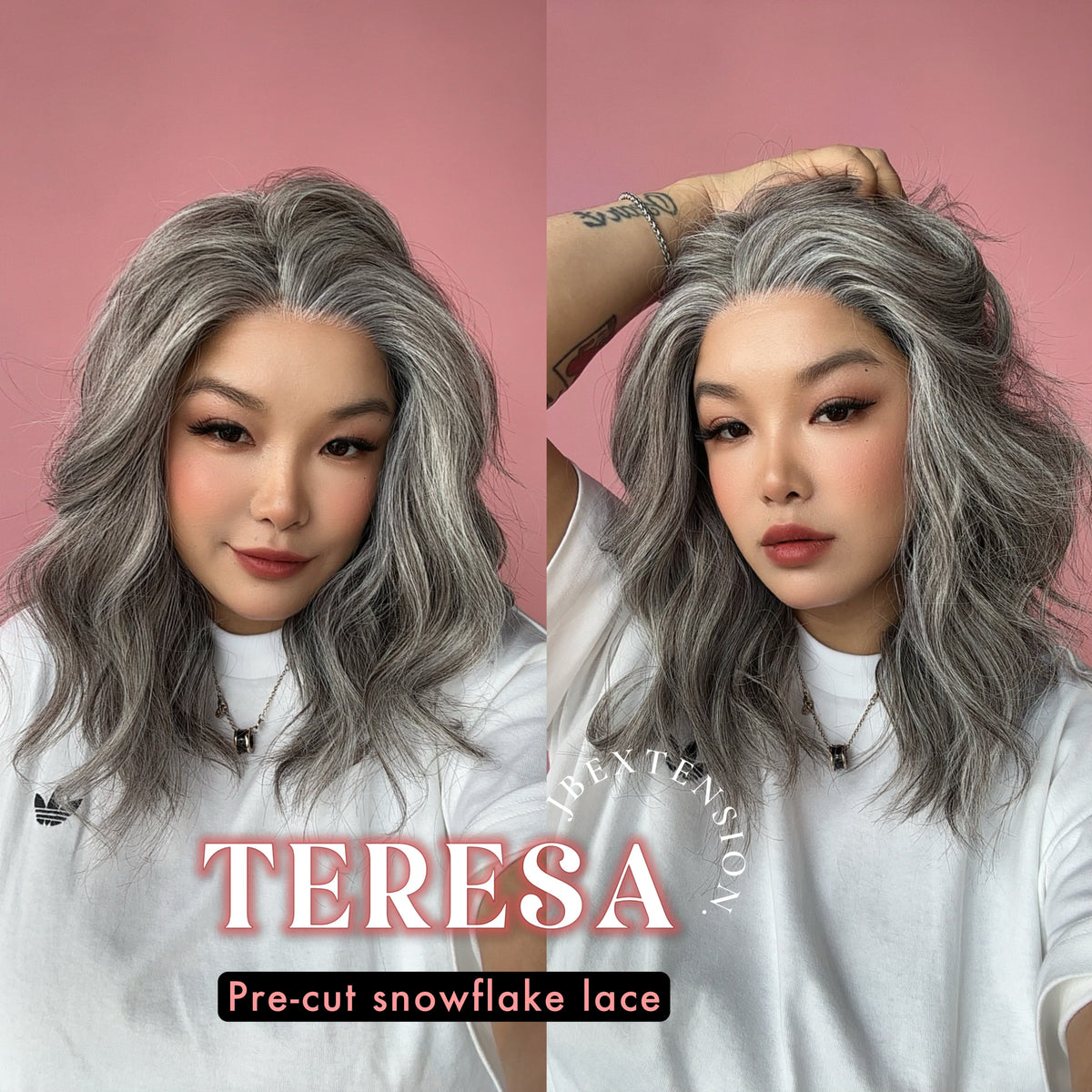 JBEXTENSION 18 Inches Grey Pre-Cut Snowflake Lace Frontlace Glueless Wig TERESA GREY【PERMATEASE】【BENDY EAR TABS】- M/L