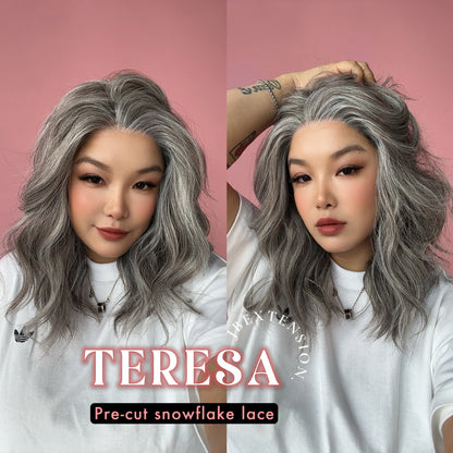 JBEXTENSION 18 Inches Grey Pre-Cut Snowflake Lace Frontlace Glueless Wig TERESA GREY【PERMATEASE】【BENDY EAR TABS】- M/L