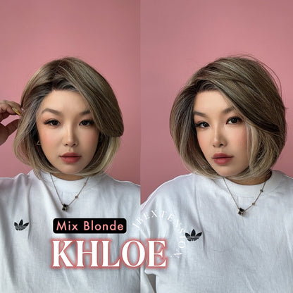[FINAL SALE] JBEXTENSION 12 Inches Bob Cut Mix Blonde Pre-Cut Snowflake Lace Frontlace Glueless Wig KHLOE MIX BLONDE【PERMATEASE】【BENDY EAR TABS】- S/M