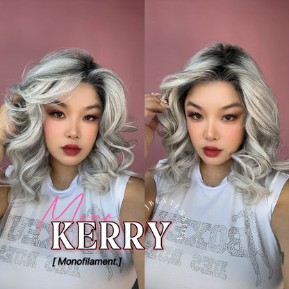 [FINAL SALE] JBEXTENSION KERRY MONO Monofilament Handmade Wig 6X5 Full Monofilament Hand Tied Top Wig 18 Inches Grey with Dark Root Mono Lace Wig With Anti-slip Silicone Strips Glueless Wig KERRY MONO【BENDY EAR TABS】