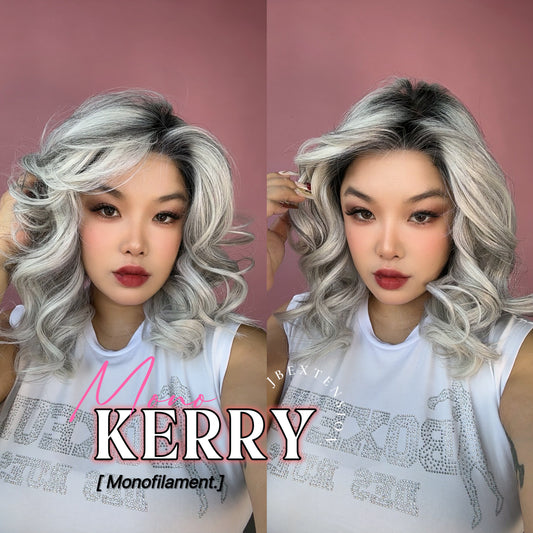 [FINAL SALE] JBEXTENSION KERRY MONO Monofilament Handmade Wig 6X5 Full Monofilament Hand Tied Top Wig 18 Inches Grey with Dark Root Mono Lace Wig With Anti-slip Silicone Strips Glueless Wig KERRY MONO【BENDY EAR TABS】