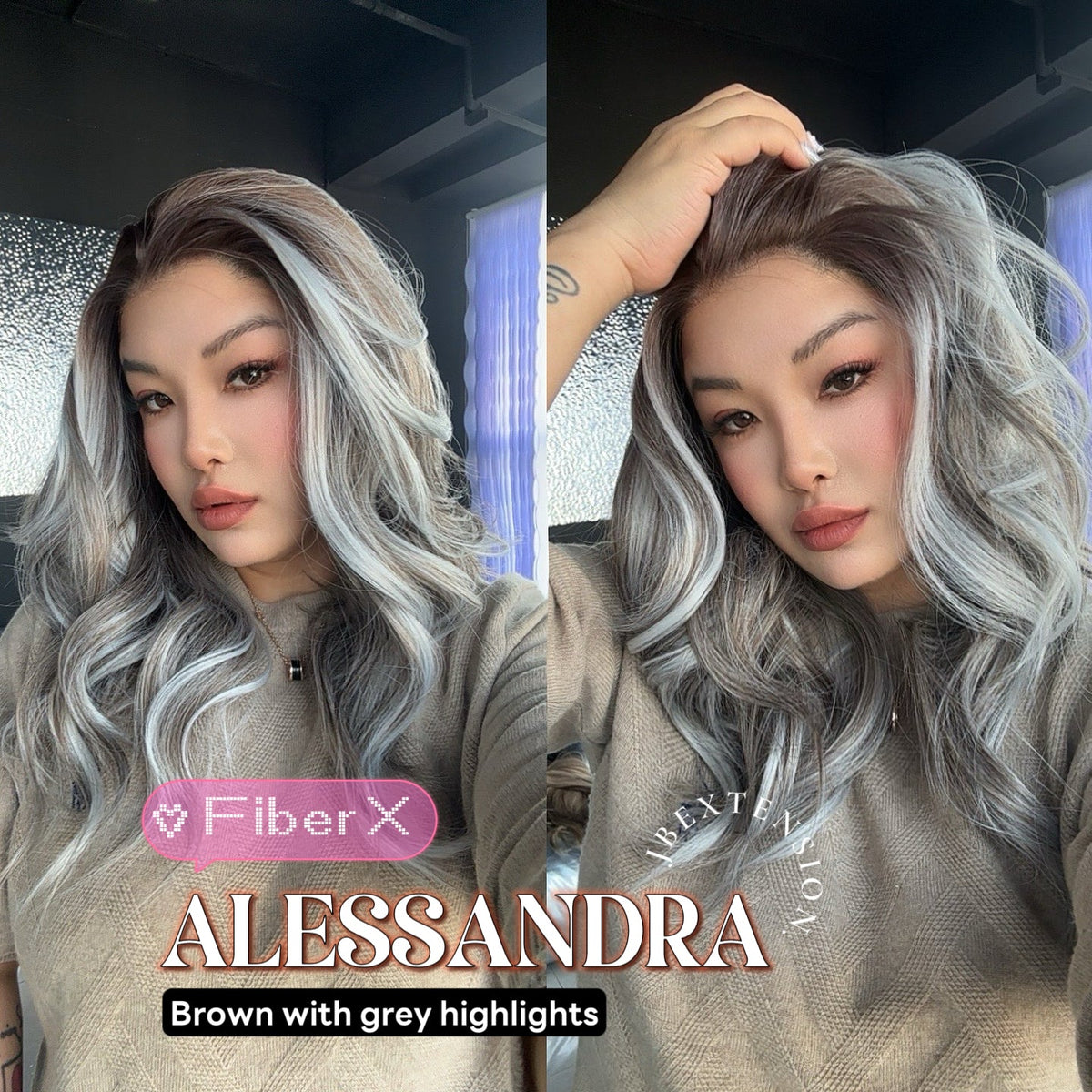 JBEXTENSION 20 Inches Brown with Grey Highlight Curly Fiber X, Tangle Less Pre-Cut Free Part Frontlace Glueless Wig ALESSANDRA GREY【FIBER X】