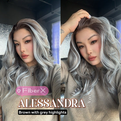 JBEXTENSION 20 Inches Brown with Grey Highlight Curly Fiber X, Tangle Less Pre-Cut Free Part Frontlace Glueless Wig ALESSANDRA GREY【FIBER X】