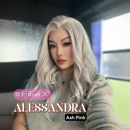 JBEXTENSION 20 Inches Ash Pink Curly Fiber X, Tangle Less Pre-Cut Free Part Frontlace Glueless Wig ALESSANDRA ASH PINK【FIBER X】