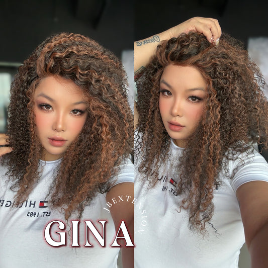 [FINAL SALE] JBEXTENSION 16 Inches Deep Curly Black with Brown Highlight Pre-Cut Snowflake Lace Frontlace Glueless Wig GINA SNOWFLAKE【PERMATEASE】【BENDY EAR TABS】
