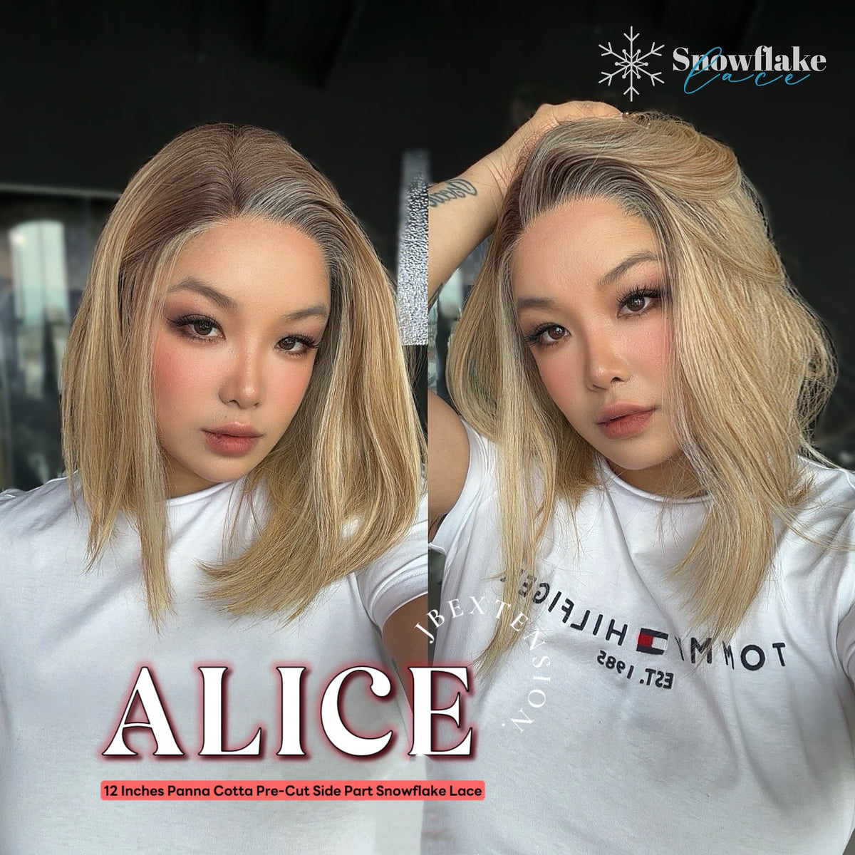 JBEXTENSION 12 Inches Panna Cotta Pre-Cut Side Part Snowflake Lace Frontlace Glueless Wig ALICE PANNA COTTA【BENDY EAR TABS】