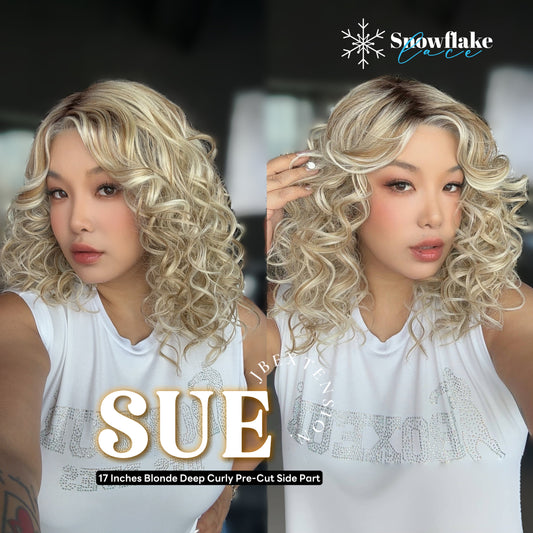 JBEXTENSION 17 Inches Blonde Deep Curly Pre-Cut Side Part Snowflake Lace Frontlace Glueless Wig SUE【BENDY EAR TABS】