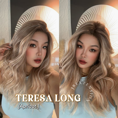 JBEXTENSION 22 Inches Long Apricot Pre-Cut Snowflake Lace Frontlace Glueless Wig TERESA LONG APRICOT【PERMATEASE】【BENDY EAR TABS】- M/L