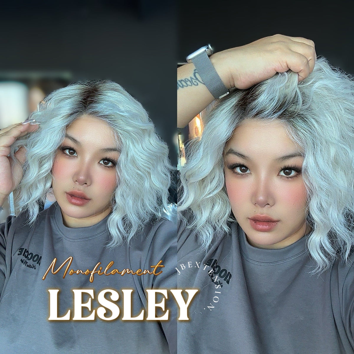 [FINAL SALE] JBEXTENSION LESLEY MONO Monofilament Handmade Wig 6X5 Full Monofilament Hand Tied Top Wig 10 Inches Silver Curly Mono Lace Wig With Anti-slip Silicone Strips Glueless Wig LESLEY MONO【BENDY EAR TABS】