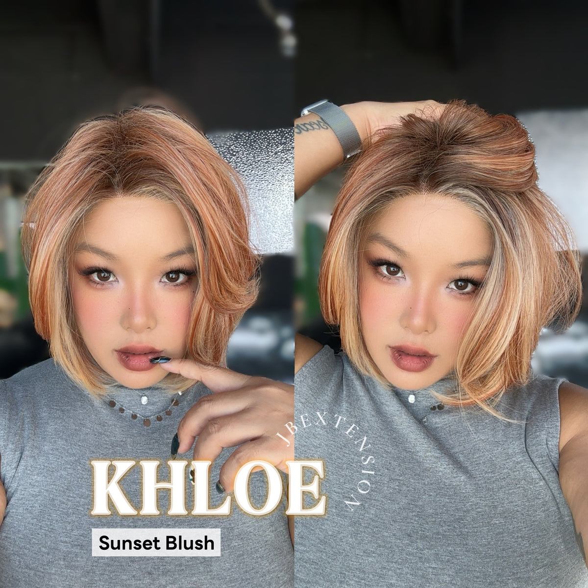 JBEXTENSION 12 Inches Bob Cut Sunset Blush Pre-Cut Snowflake Lace Frontlace Glueless Wig KHLOE SUNSET BLUSH【PERMATEASE】【BENDY EAR TABS】- S/M