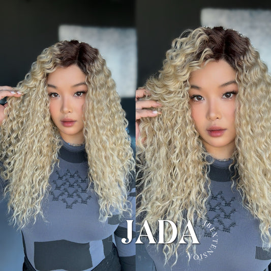 JBEXTENSION 18 Inches Deep Curly Blonde Pre-Cut Side Part Frontlace Glueless Black Sapphire Wig JADA【BENDY EAR TABS】