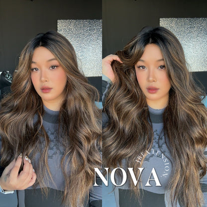 [FINAL SALE] JBEXTENSION NOVA MONO Monofilament Handmade Wig 6X5 Full Monofilament Hand Tied Top Wig 25 Inches Ombre Brown Curly Mono Lace Handmade Futura Fiber Glueless Black Sapphire Wig NOVA MONO【BENDY EAR TABS】