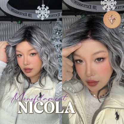 JBEXTENSION NICOLA MONO Monofilament Handmade Wig 6X5 Full Monofilament Hand Tied Top Wig 14 Inches Salt and Pepper Mono Lace Wig Glueless Black Sapphire Wig NICOLA MONO - BLACK SAPPHIRE【BENDY EAR TABS】