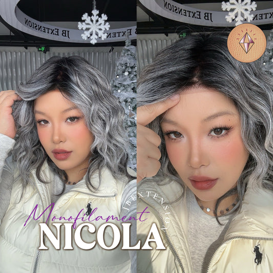 JBEXTENSION NICOLA MONO Monofilament Handmade Wig 6X5 Full Monofilament Hand Tied Top Wig 14 Inches Salt and Pepper Mono Lace Wig Glueless Black Sapphire Wig NICOLA MONO - BLACK SAPPHIRE【BENDY EAR TABS】