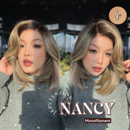 JBEXTENSION NANCY MONO Monofilament Handmade Wig 6X5 Full Monofilament Hand Tied Top Wig 14 Inches Dark Brown Curly Mono Lace Wig Glueless Black Sapphire Wig NANCY MONO - BLACK SAPPHIRE【BENDY EAR TABS】