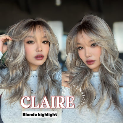 JBEXTENSION 22 Inches Scalpiana Blonde Highlight 3.5X4 Hard Silky Top Natural Scalp Effect Women Wig with Bangs CLAIRE SILKY TOP - BLONDE HIGHLIGHT