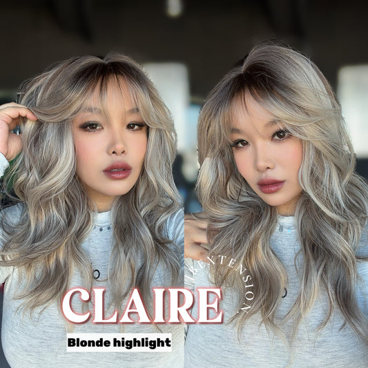 JBEXTENSION 22 Inches Scalpiana Blonde Highlight 3.5X4 Hard Silky Top Natural Scalp Effect Women Wig with Bangs CLAIRE SILKY TOP - BLONDE HIGHLIGHT