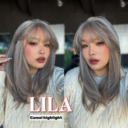 JBEXTENSION 20 Inches Scalpiana Camel Highlight Wolf Cut 3.5X4 Hard Silky Top Natural Scalp Effect Wig With Bangs LILA CAMEL HIGHLIGHT