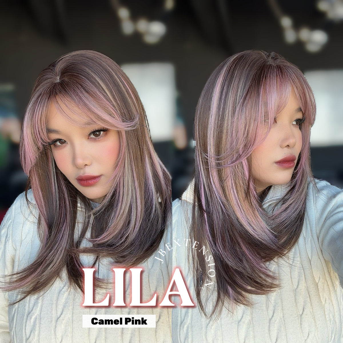 JBEXTENSION 20 Inches Scalpiana Camel Pink Wolf Cut 3.5X4 Hard Silky Top Natural Scalp Effect Wig With Bangs LILA CAMEL PINK