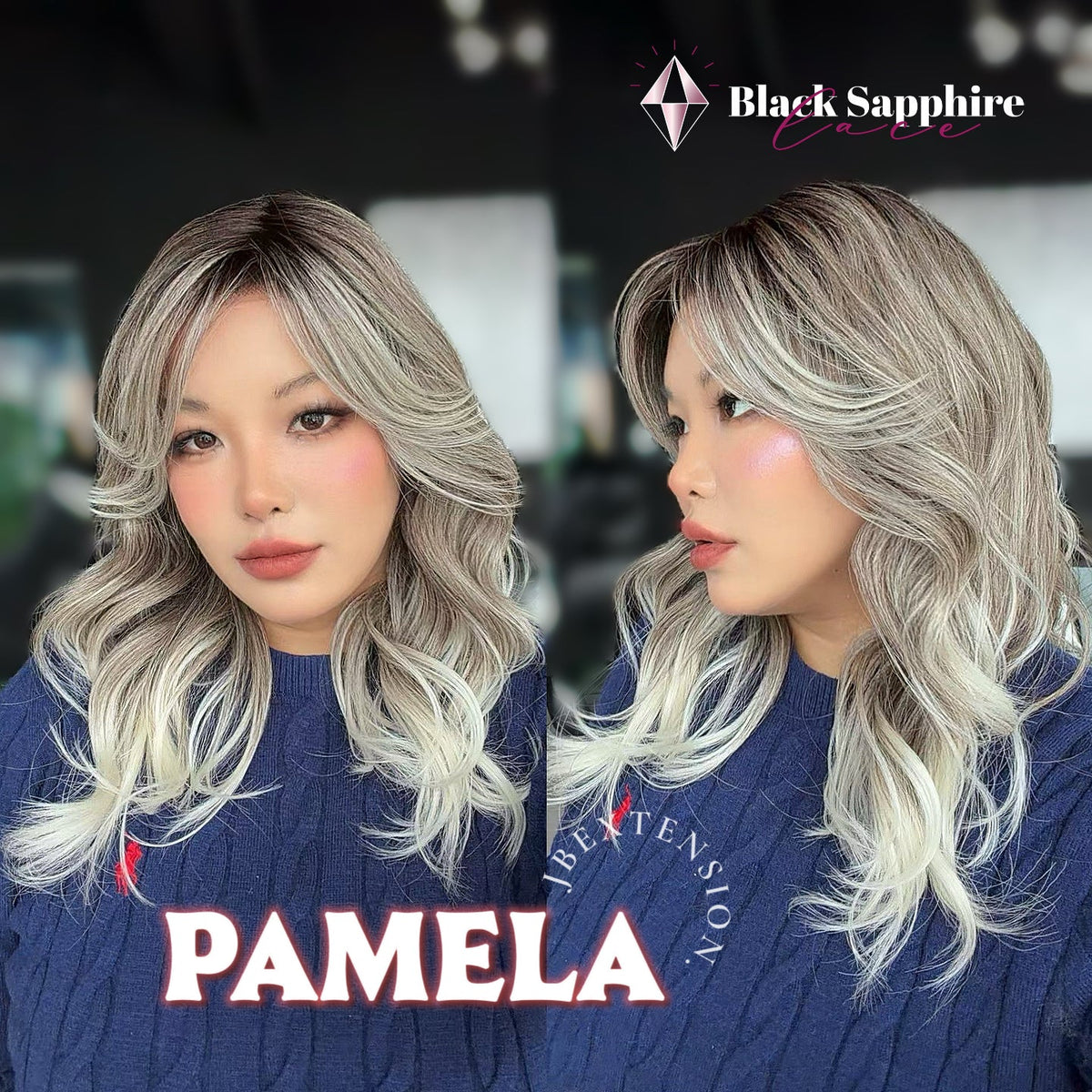 JBEXTENSION 18 Inches Curly Smog Ash Grey Pre-Cut Side Part Snowflake Lace Frontlace Black Sapphire Glueless Wig PAMELA - BLACK SAPPHIRE【BENDY EAR TABS】