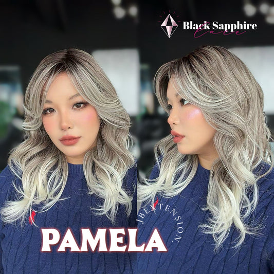 JBEXTENSION 18 Inches Curly Smog Ash Grey Pre-Cut Side Part Snowflake Lace Frontlace Black Sapphire Glueless Wig PAMELA - BLACK SAPPHIRE【BENDY EAR TABS】