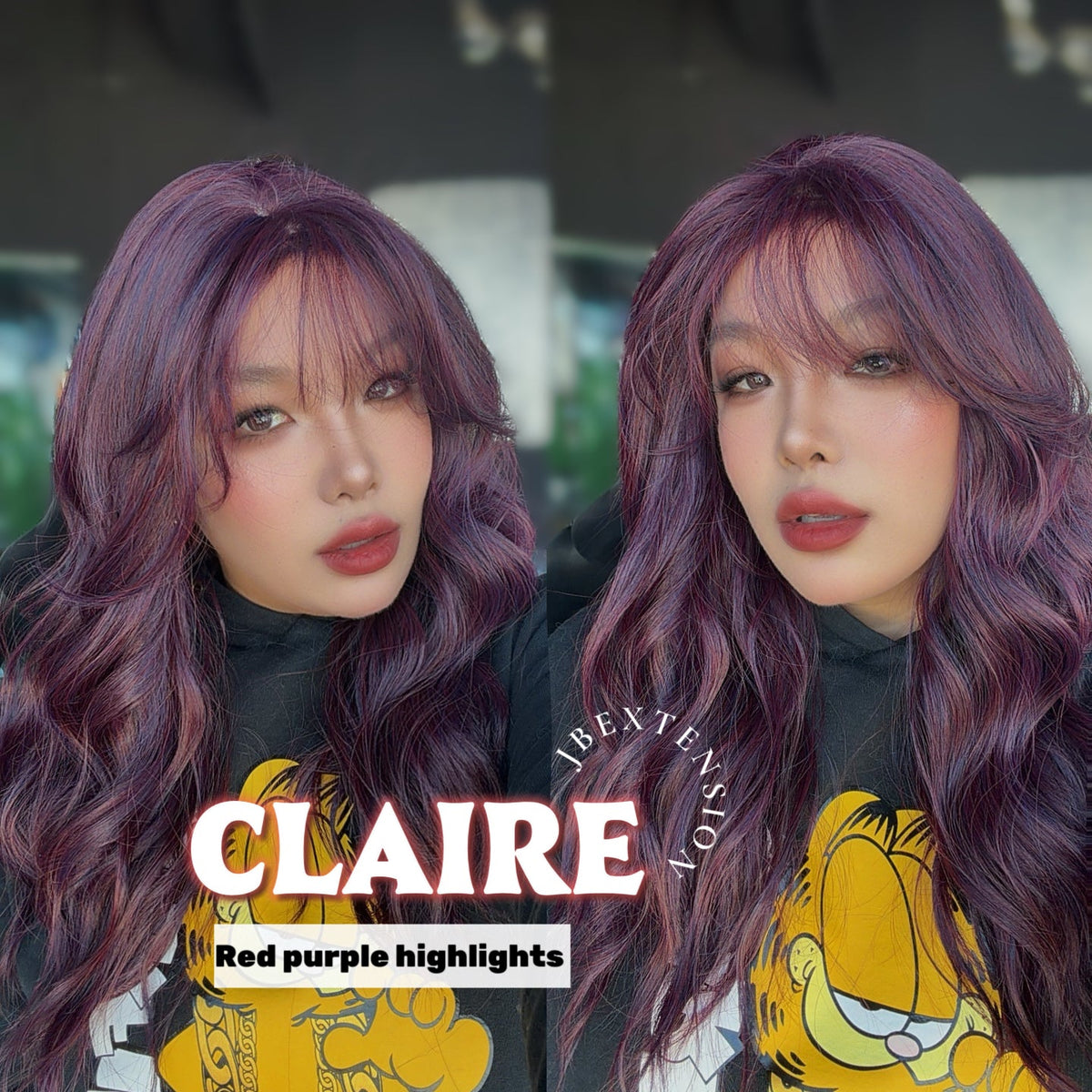 JBEXTENSION 22 Inches Scalpiana Red Purple Highlight 3.5X4 Hard Silky Top Natural Scalp Effect Women Wig with Bangs CLAIRE SILKY TOP - RED PURPLE HIGHLIGHT