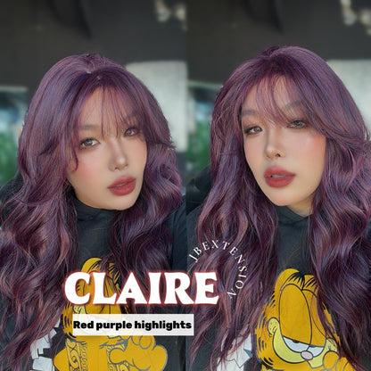 JBEXTENSION 22 Inches Scalpiana Red Purple Highlight 3.5X4 Hard Silky Top Natural Scalp Effect Women Wig with Bangs CLAIRE SILKY TOP - RED PURPLE HIGHLIGHT