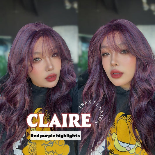 JBEXTENSION 22 Inches Scalpiana Red Purple Highlight 3.5X4 Hard Silky Top Natural Scalp Effect Women Wig with Bangs CLAIRE SILKY TOP - RED PURPLE HIGHLIGHT
