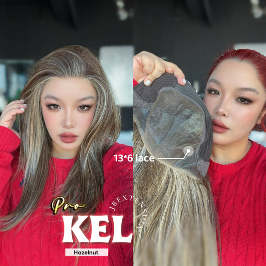 JBEXTENSION 22 Inches Hazelnut Blonde Highlight Pre-Cut 13X6 Free Part Snowflake Lace Frontlace Glueless Wig KEL PRO - HAZELNUT【BENDY EAR TABS】