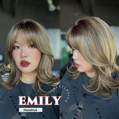JBEXTENSION 18 Inches Scalpiana Curly Hazelnut 3.5X4 Hard Silky Top Natural Scalp Effect Wig with Bangs EMILY HAZELNUT