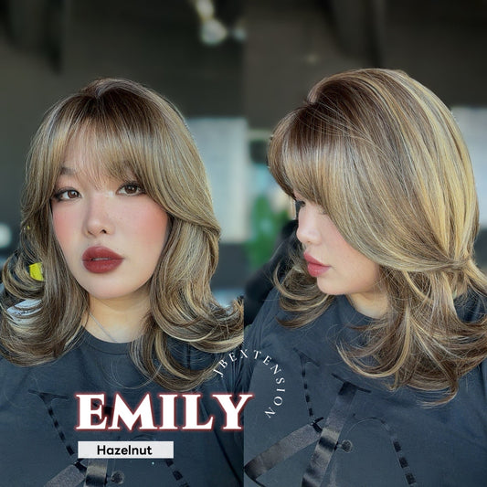 JBEXTENSION 18 Inches Scalpiana Curly Hazelnut 3.5X4 Hard Silky Top Natural Scalp Effect Wig with Bangs EMILY HAZELNUT