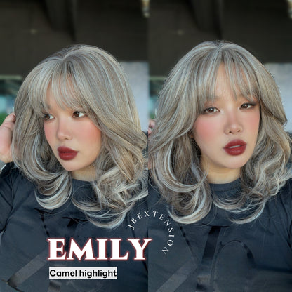JBEXTENSION 18 Inches Scalpiana Curly Camel Highlight 3.5X4 Hard Silky Top Natural Scalp Effect Wig with Bangs EMILY CAMEL HIGHLIGHT